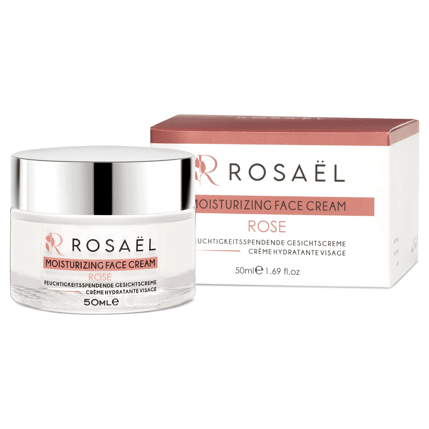 Rosaël Gesichtscreme mit Damaszener Rose im Tiegel und Verpackung, 50 ml