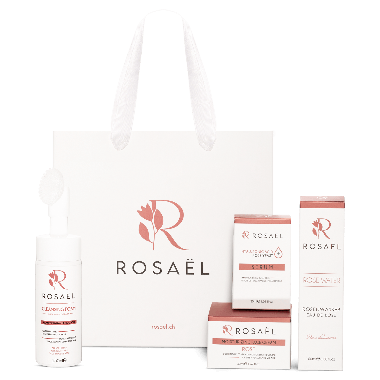 Rosaël Gesichtspflege-Set mit Damaszener Rose aus Reinigungsschaum, Rosenwasser, Serum und Gesichtscreme