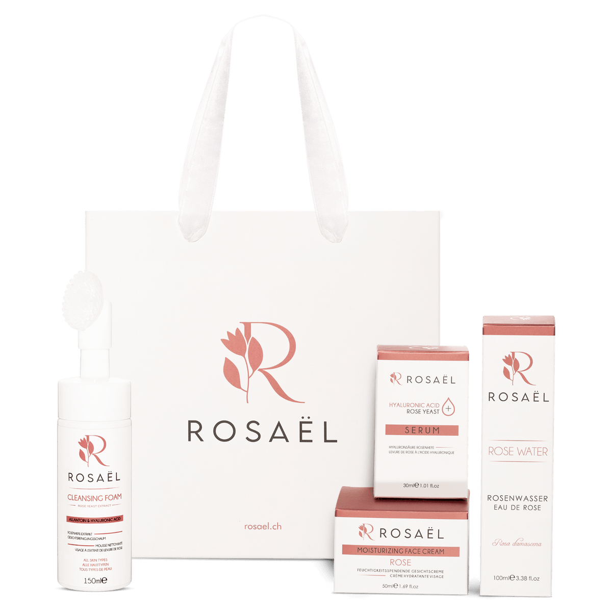 Die vier Schritte des Rosaël Rosenrituals mit Damaszener Rose: Reinigungsschaum, Rosenwasser, Serum, Gesichtscreme