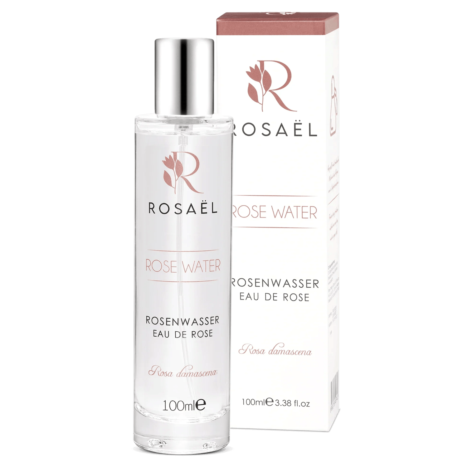 Rosaël Rosenwasser mit Damaszener Rose in Flasche und Verpackung, 100 ml