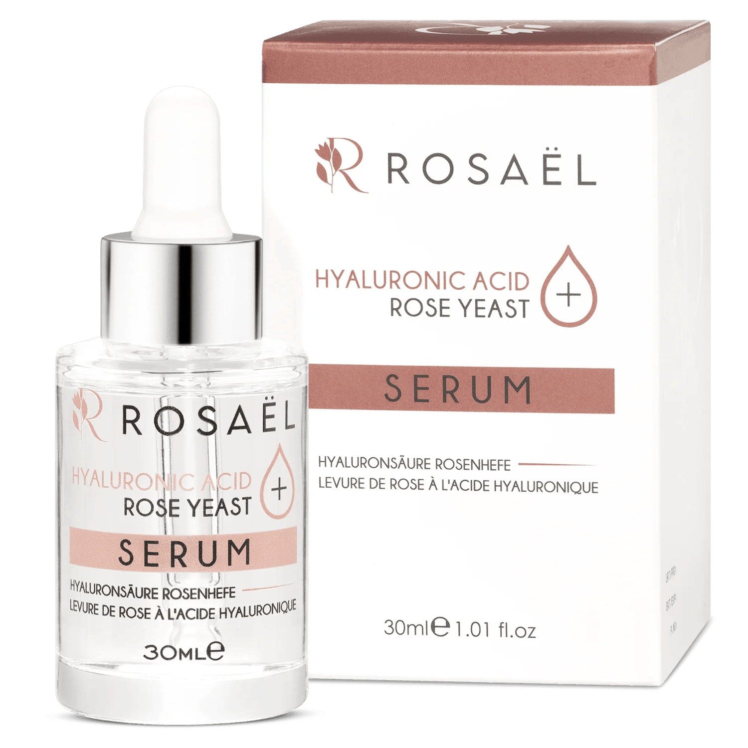 Rosaël Gesichtsserum mit Damaszener Rose in Flakon und Verpackung, 30 ml